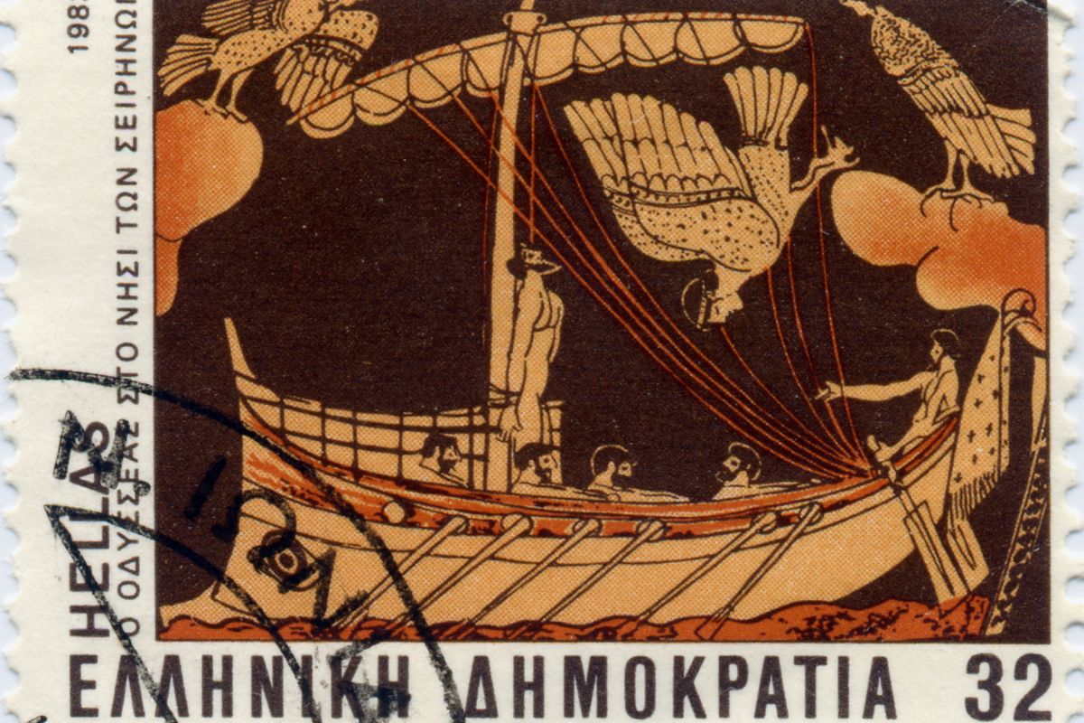 The image is a Greek postage stamp depicting Odysseus' journey, featuring a stylized illustration of Odysseus tied to the mast of a ship while his crew rows, with sirens flying around. The background is dark with orange accents, and Greek text is visible along the border.