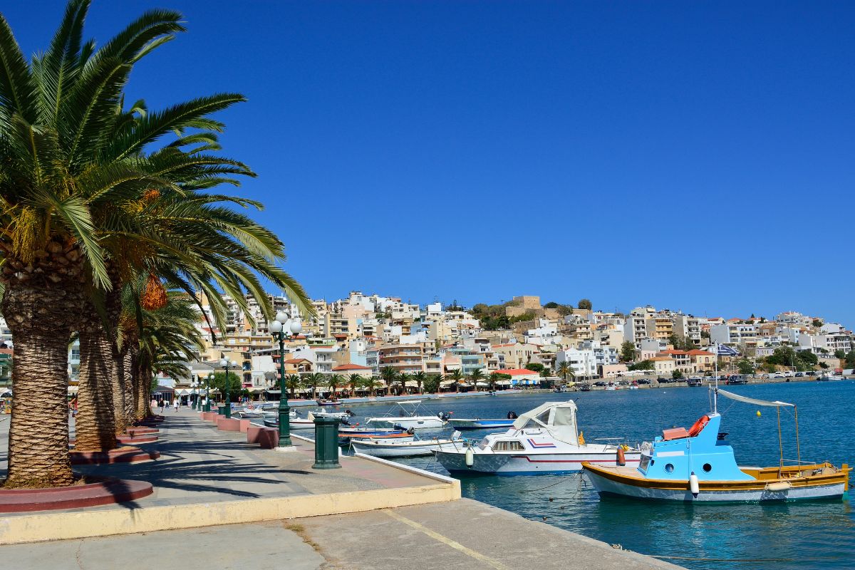 The image shows Sitia town in East Crete, with a palm tree-lined promenade along the waterfront, colorful boats docked in the harbor, and buildings climbing up a hill under a clear blue sky.