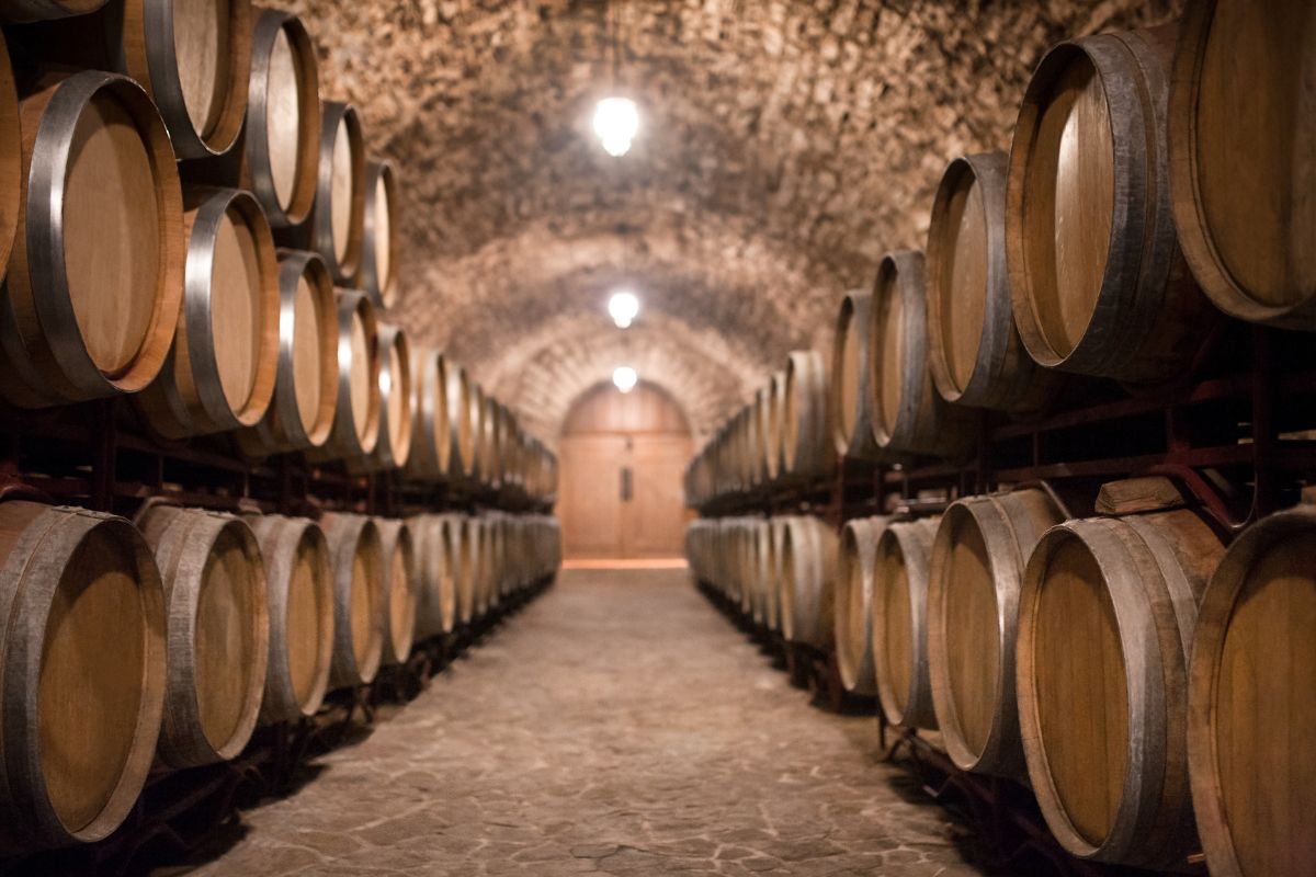 This image shows a dimly lit wine cellar with rows of wooden barrels stacked along stone walls, creating a rustic and atmospheric setting.